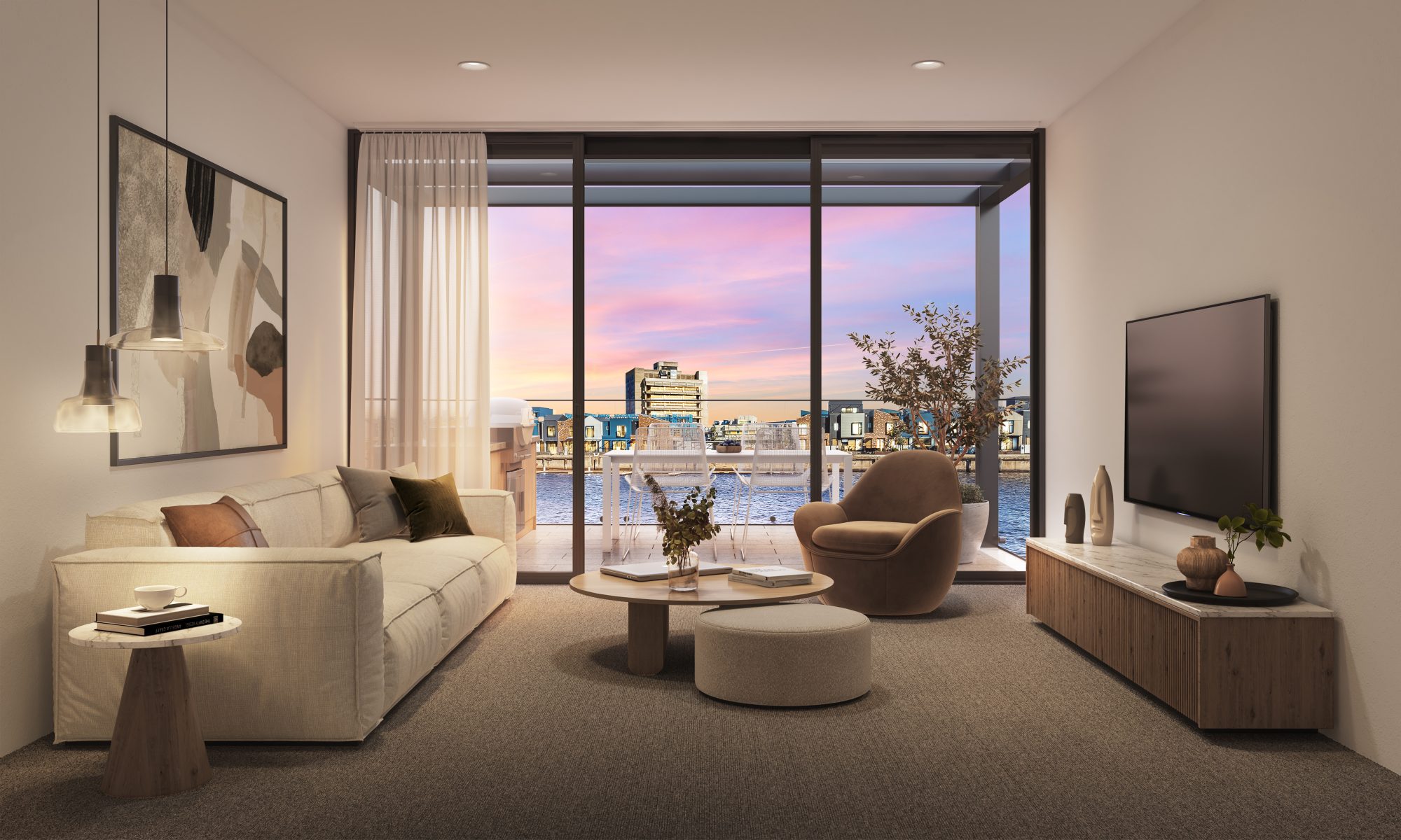 Dock One North Townhouse Renders Stage 3 B1 PA Cam 04 Liv Terrace View